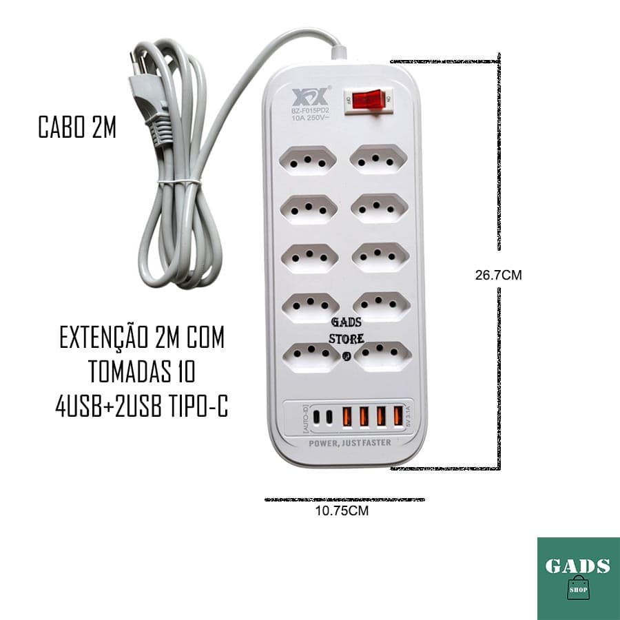 Extensão de Tomadas Filtro Elétrica 2 Metros Bivolt Régua 10 Tomada Filtro de Linha 4USB 2USB C