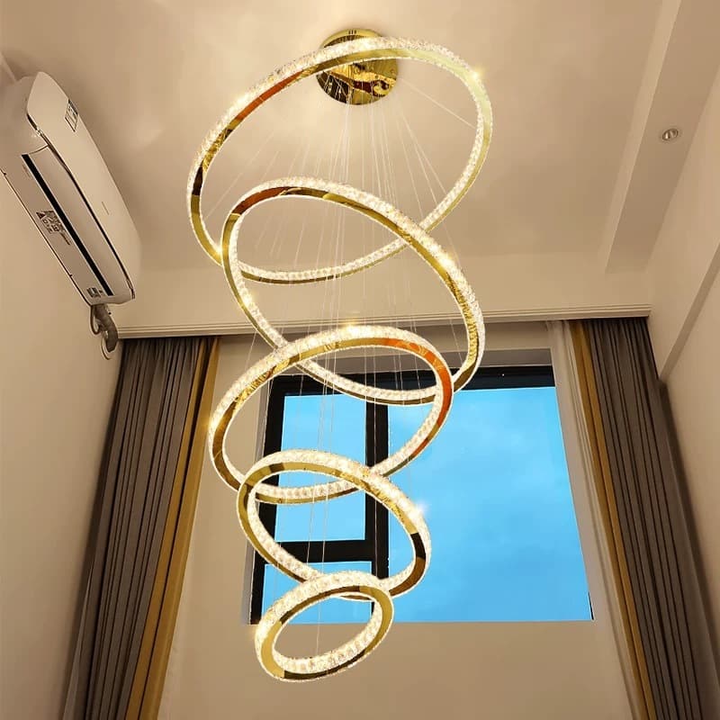 Lustre Pendente 5 Anéis LED 96W Dourado Duplo  VL(808/5) Bivolt 3COR branco quente branco frio branco nuetro