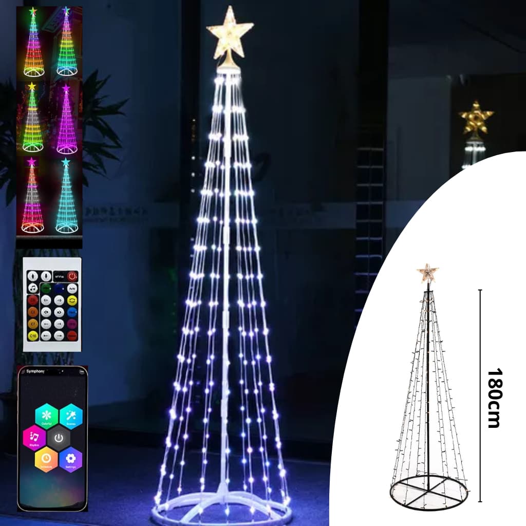 Arvore de Natal Cone com Controle Remoto e Aplicativo 180cm altura, 180 Leds RGB, 12 Fitas