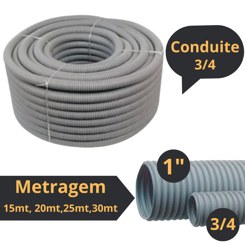 Rolo de Conduite Corrugado Cinza 3/4 Parede C/15-20-25-30 Metros Eletroduto Resistente