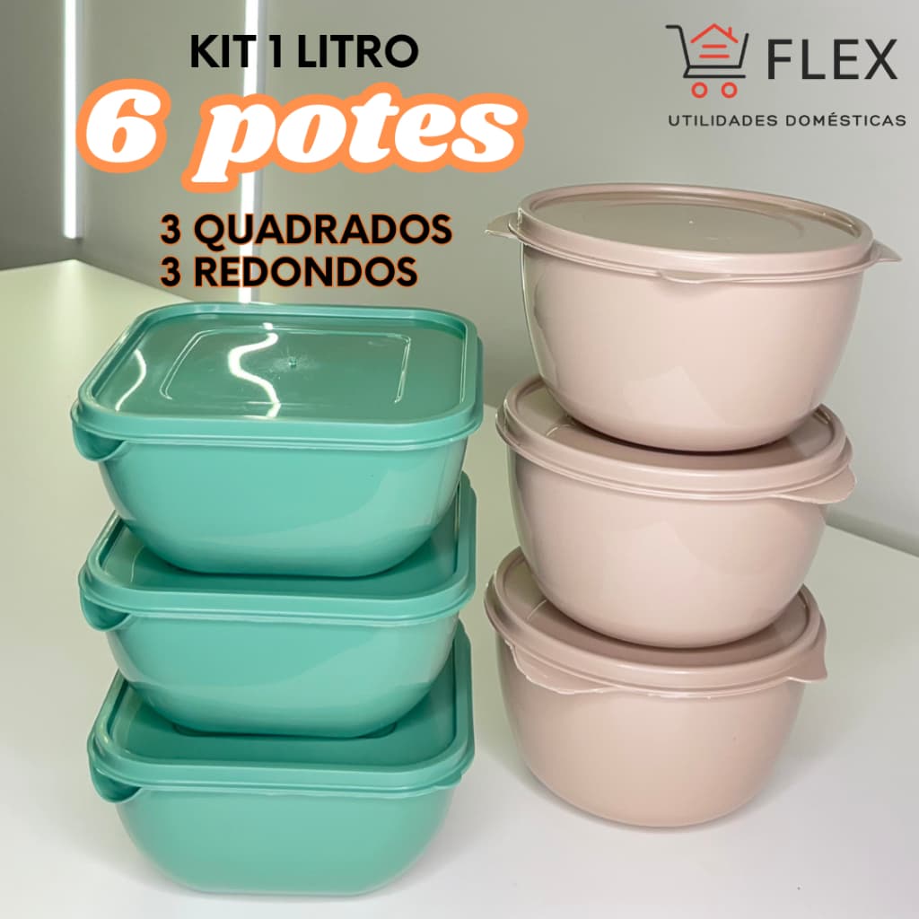 Jogo de 6 Potes Plásticos para Marmita, Lanches e Congelados - 1 litro - Formatos Variados