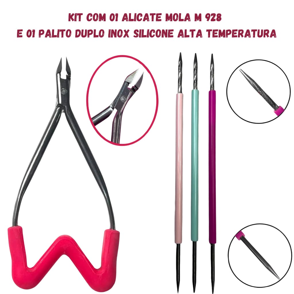 Kit com 01 Alicate de Cutícula Mola M 928 Delicate e 01 Palito Duplo Inox - Kit Manicure