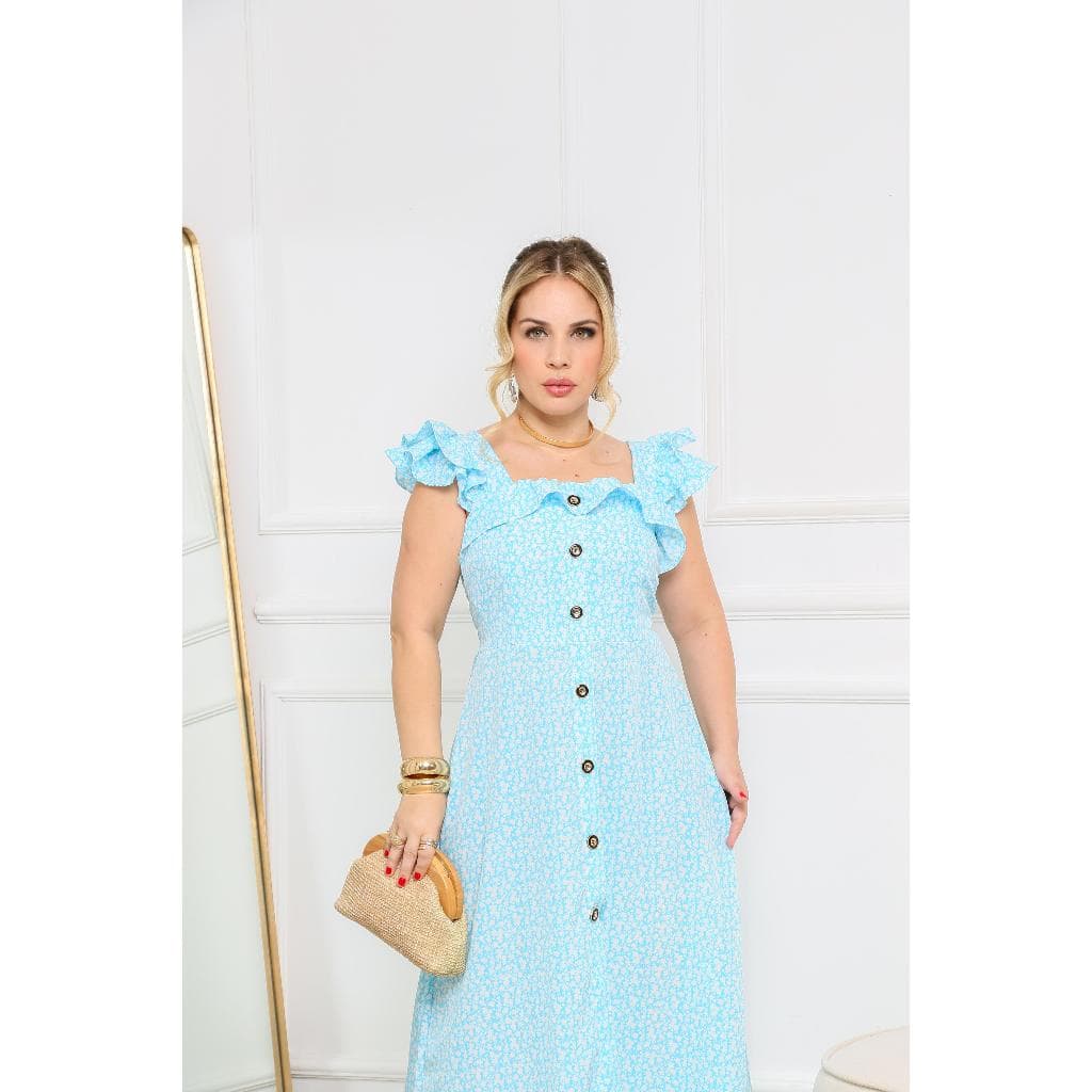VESTIDO FEMININA LONGA COM ALÇA BABADONA FRENTE COM DETALHES DE BOTÕES