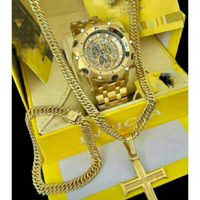 Relógio masculino invicta híbrid + conjunto de corrente e pulseira banhadas 18k