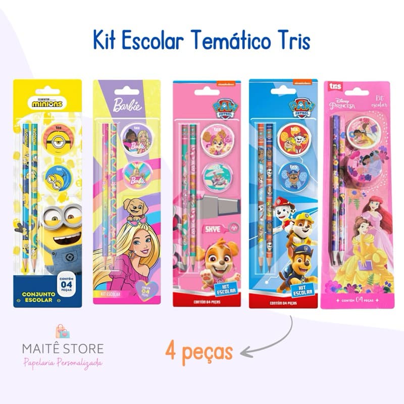 Kit Escolar Temático c/ 4 Itens - Barbie, Disney, Patrulha Canina - Tris -
