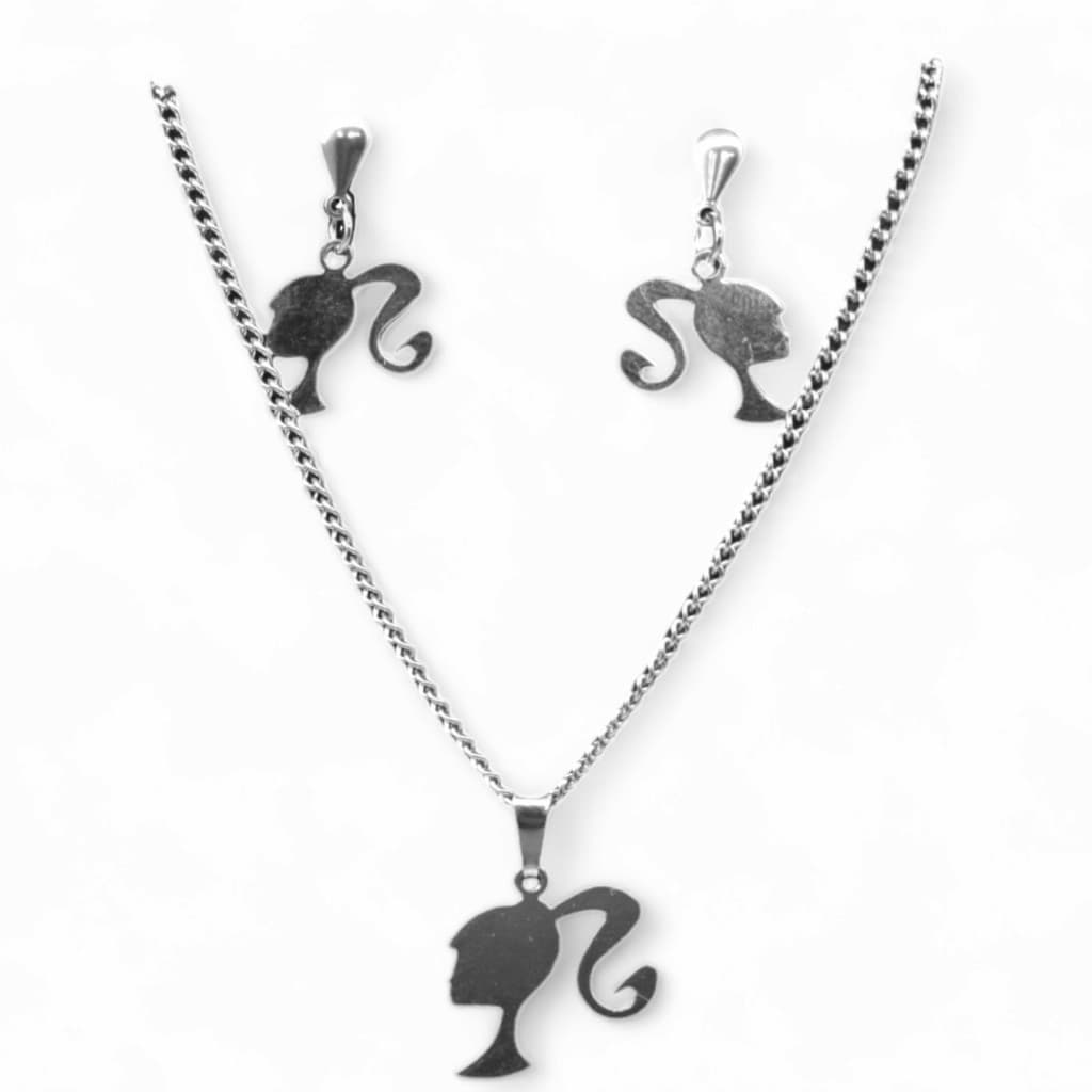 Conjunto Feminino Colar 45 Centimetros 2mm de Largura Par de Brincos Aço Inox Rosto de Menina Mulher