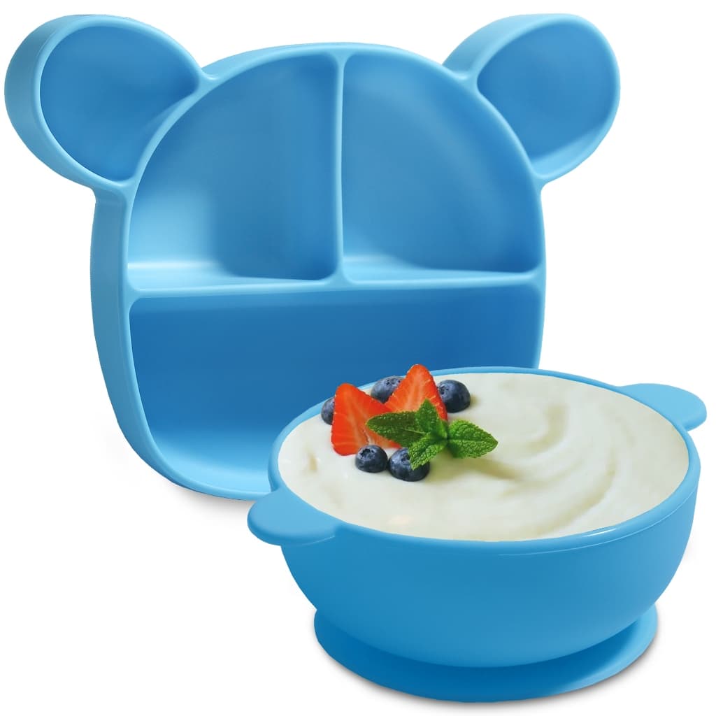 Kit Introdução Alimentar com Ventosa Infantil Pratinho Prato e Tigela Silicone para bebê