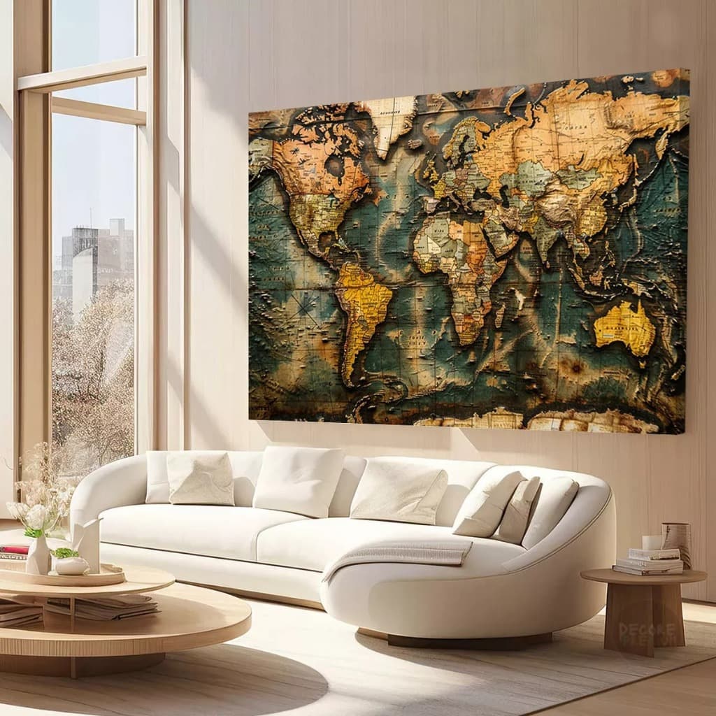 Quadro Mapa Mundi Antigo Elegante Sala Moderno 90x120cm