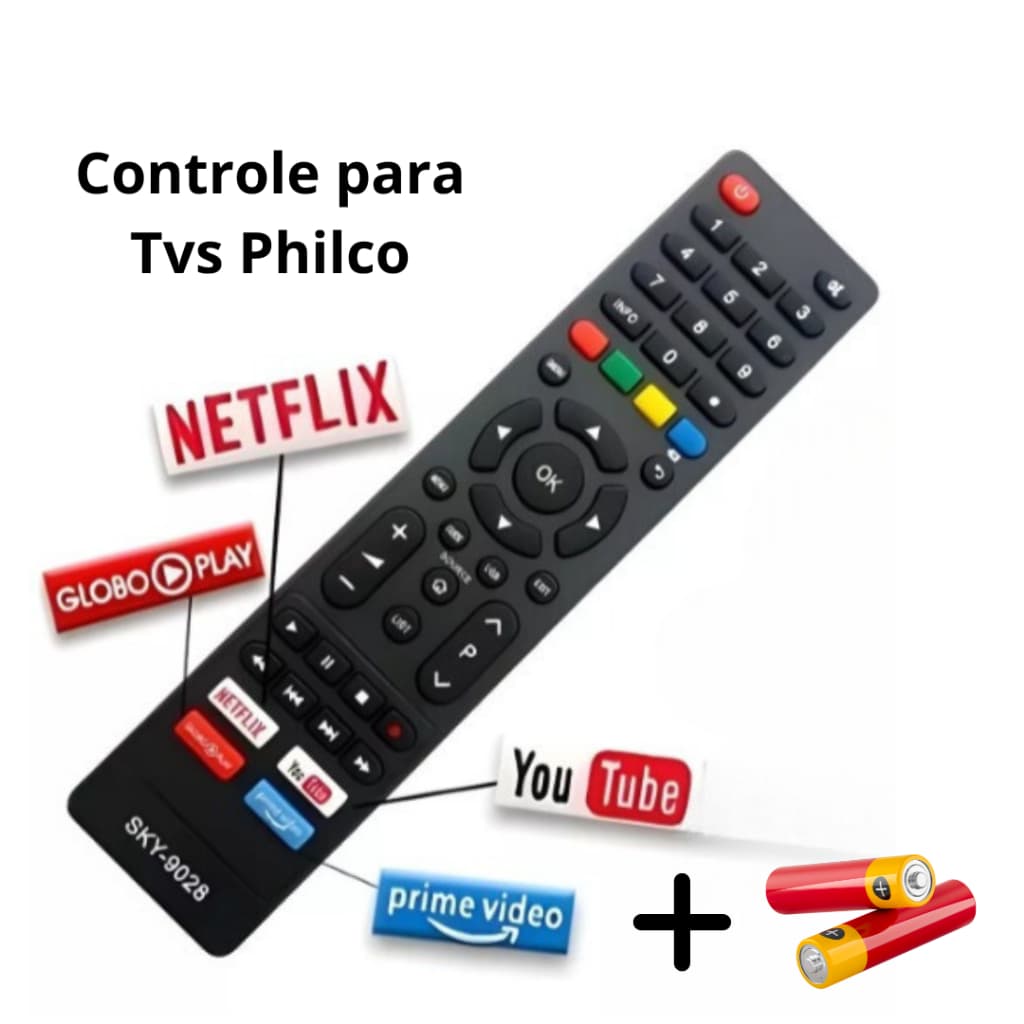 Controle Para Tv Philco Britânia Smart Tecla Netflix Globoplay Prime Com Pilhas