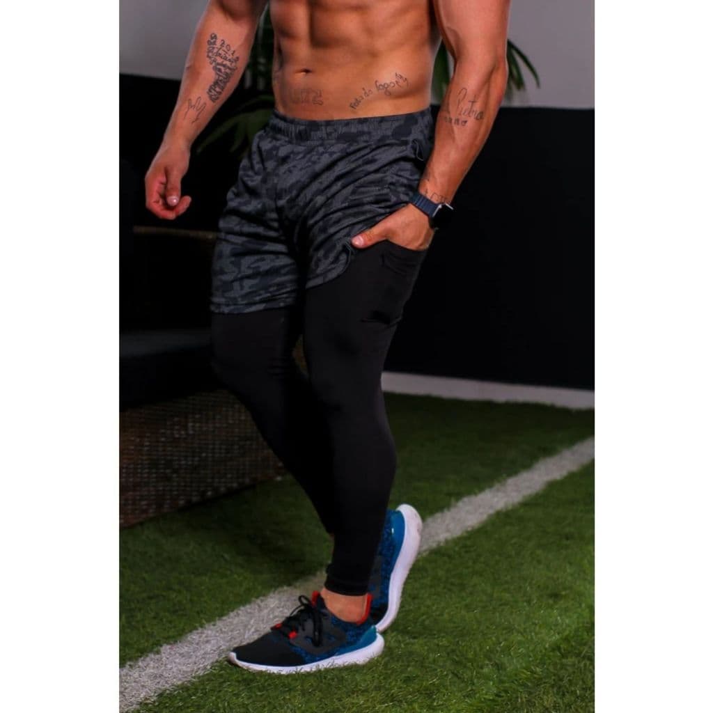 Calça 2 em 1 Legging Masculina com Shorts Sobreposto Para Treino E Corrida