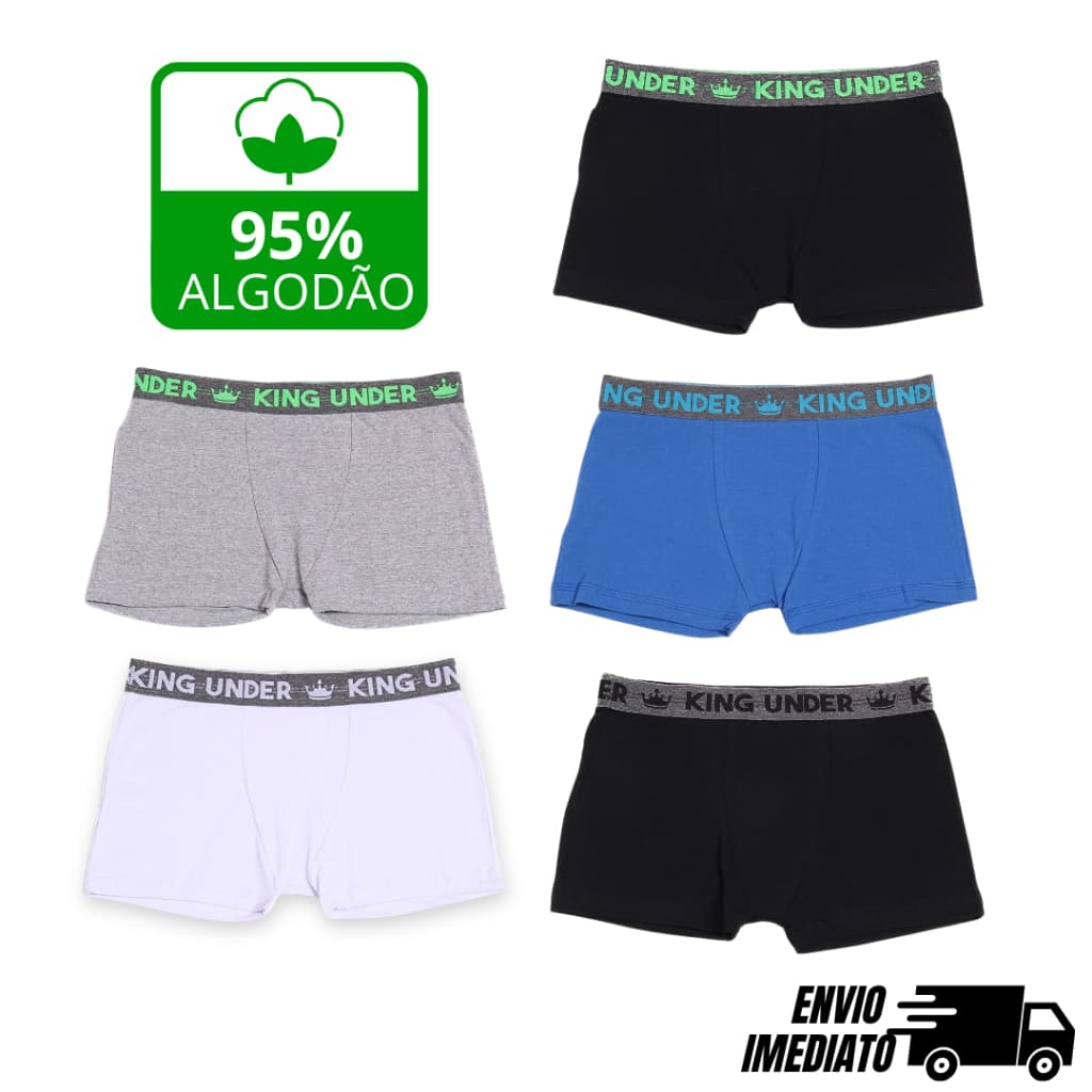 Cueca Boxer Box Algodão Kit 5 Peças Cotton Elastano Masculina King Under Premium Pijama Roupa