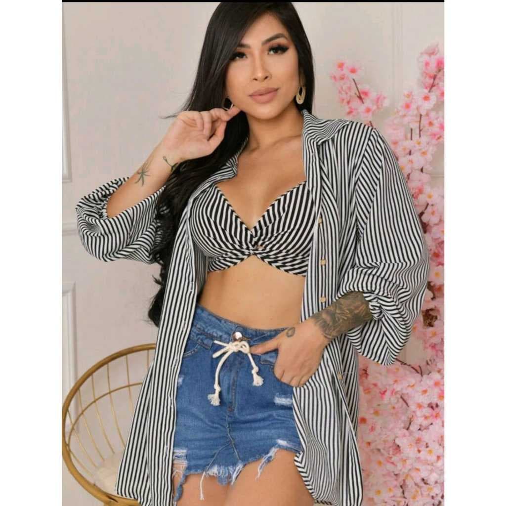 Conjunto Femenino Listrado Camisa com Cropped Chamisse verao 2026