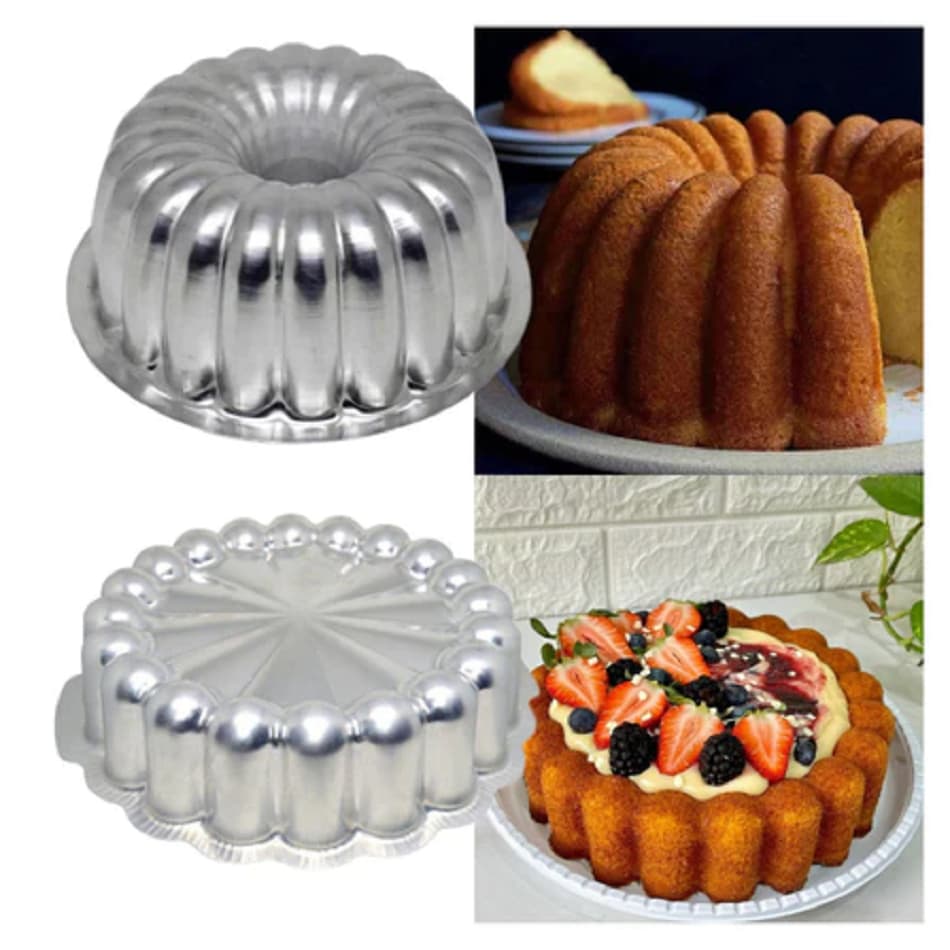 kit 2 Formas de Bolo Suiça Decoradas, Forma Suiça Gomada Vulcão + Forma Charlotte Gomada em Alumínio