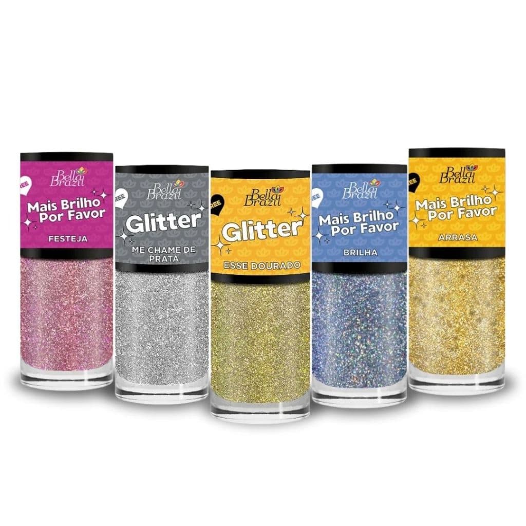 Esmaltes Glitter - Bella Brazil - Festeja, Arrasa, Brilha, Dourado, Me Chame De Prata - 9ml