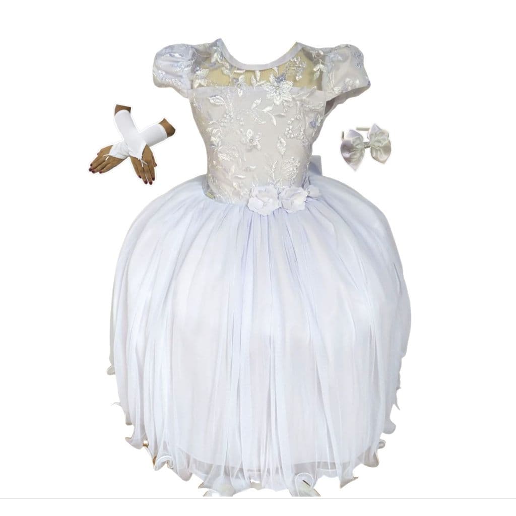 Vestido Infantil E Juvenil Encantado Para Festa Casamento Daminha Comunhão Com Luva E Tiara