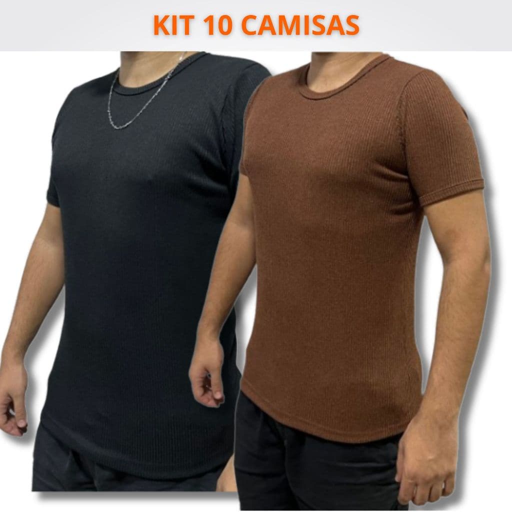 Kit 10 Camisas Caneladas Estilo Americano Slim Justa ao Corpo Atacado Promoção