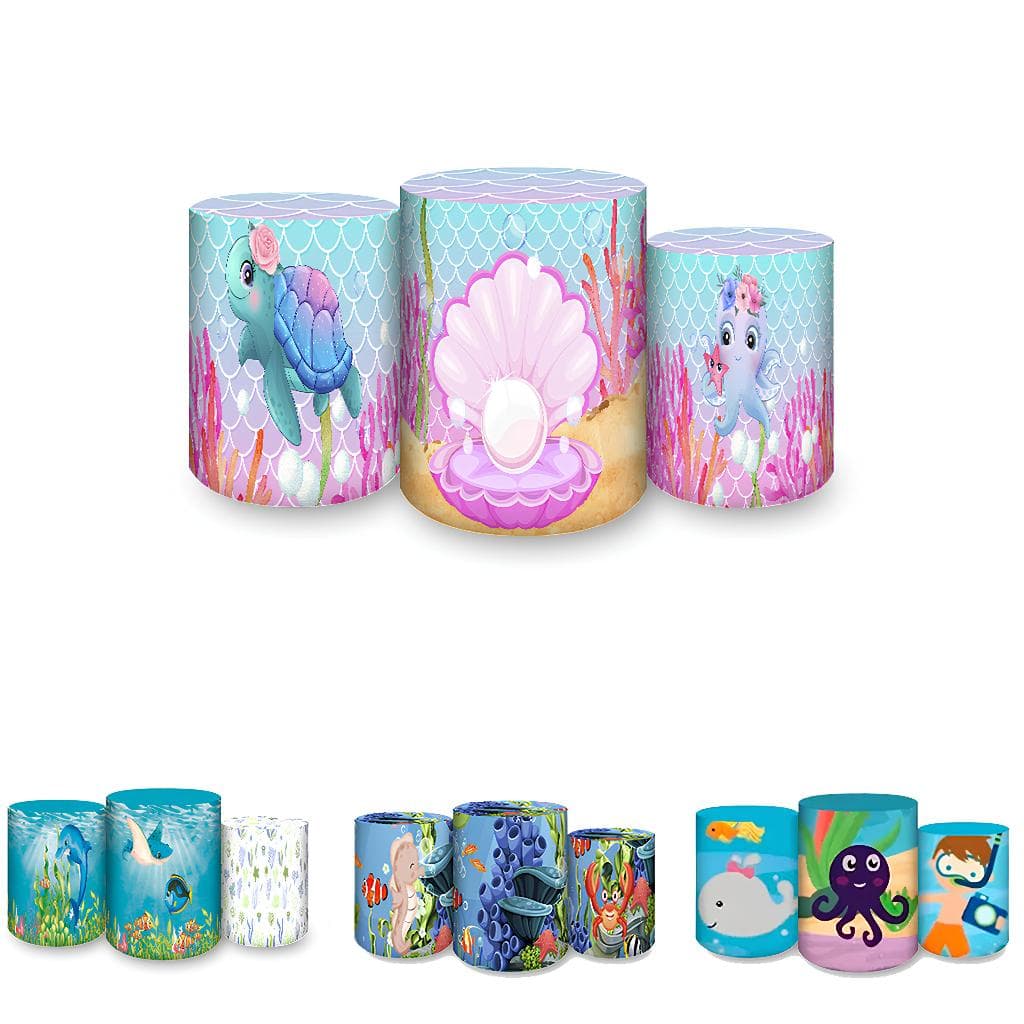 Kit Capas Sublimadas Trio Cilindros Para Festa Tema Fundo Do Mar Vários Modelos