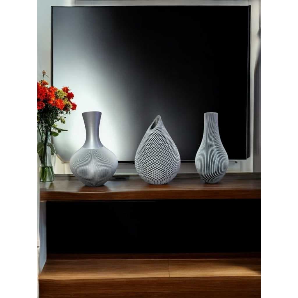 Kit 3 Vasos Decorativos 17 cm - Alto Brilho na Cor Prata - Decoração Ambiente Interno Moderno