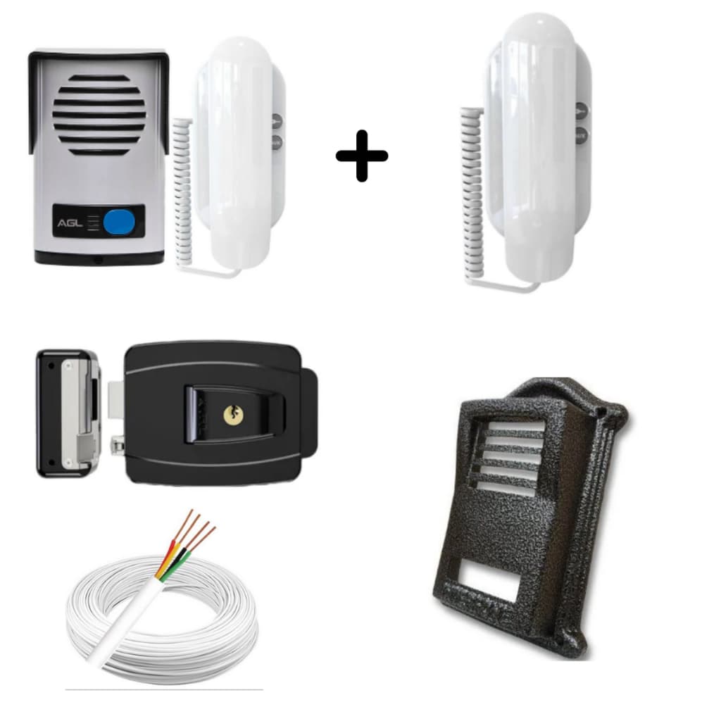 Kit Interfone Residencial Porteiro Eletrônico + Fechadura 12V AGL (AGlinha) + cabo 4 fios + protetor