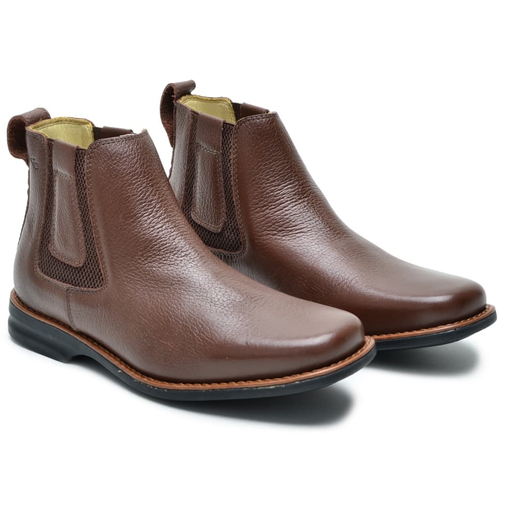 Botina Chelsea Masculina em Couro Legítimo Sola GEL Costurada Forro de Couro Preto e Chocolate Conforto Social