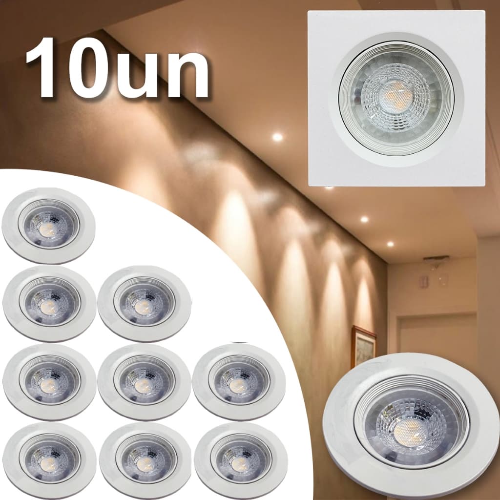 Kit 10 Luminária Spot Led Redondo Direcionável 3W Embutir Gesso Teto Branco Frio Branco Quente