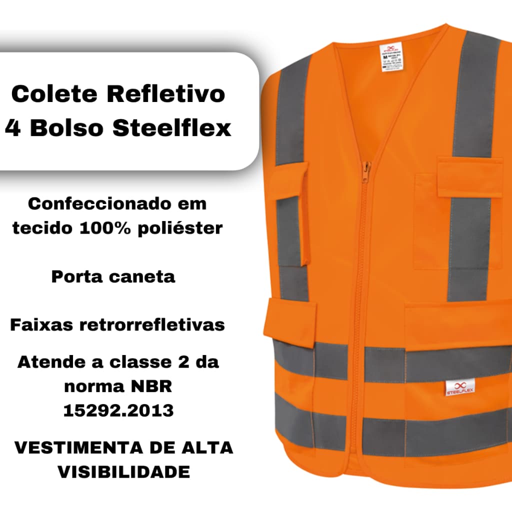 Colete Refletivo Laranja Fluorescente Profissional Visibilidade Vicsa Modelo blusão 4 Bolsos
