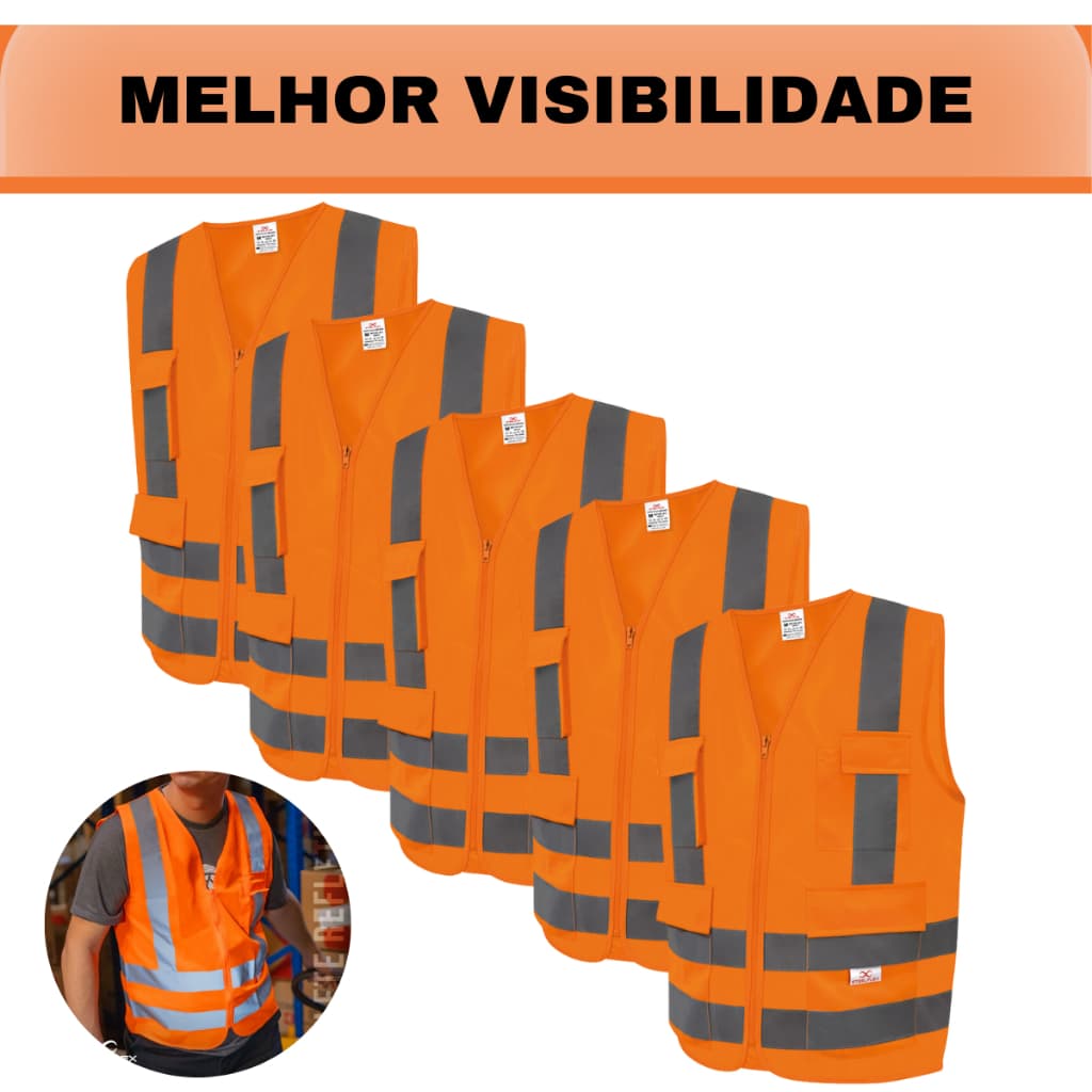 Colete Refletivo Laranja Profissional Fluorescente Visibilidade Steelflex blusão 4 Bolsos