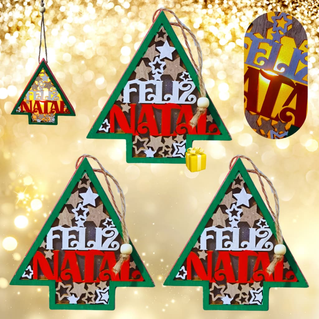 Kit 3 arvore desejo feliz natal madeira