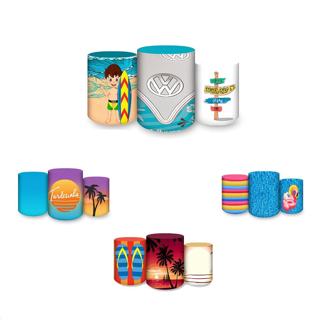 Kit Capas Sublimadas Trio Cilindros Para Festa Tema Curtindo O Verão E Tardezinha Vários Modelos