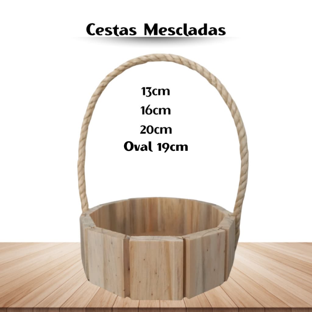 Cestas de Madeira Pinus 13cm, 16cm, 20cm ou Oval 19cm Mescladas - Kit 10 Unidades