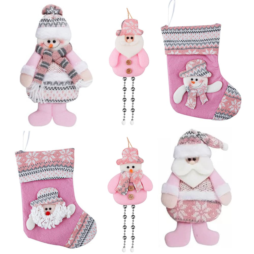 KIT LUXO NOEL BONECO 2 BOTA / 2 PENDENTE PERNA / 2 BOLINHA ROSA ROSE GOLD ENFENTE DECORAÇÃO NATAL