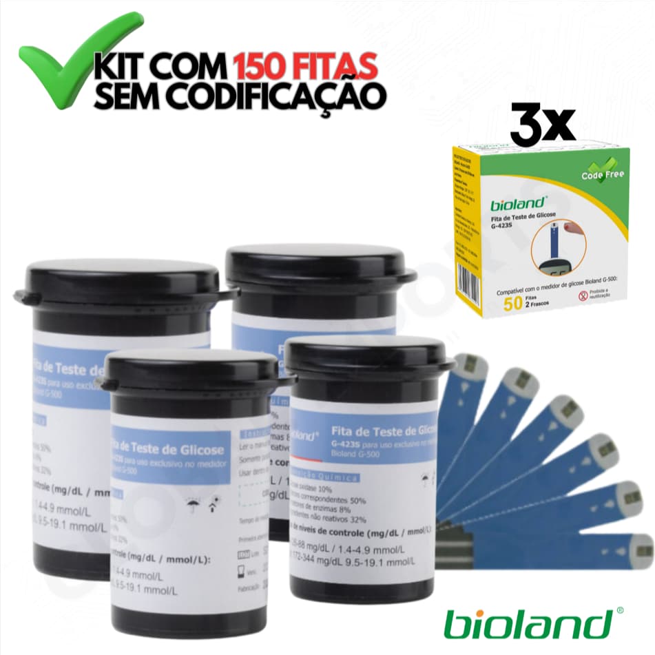 Fita De Glicemia Medição De Glicose Reagentes Teste Bioland 150 Tiras