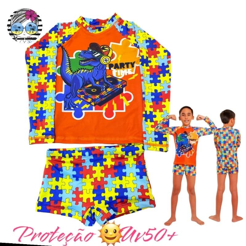 Conjunto Roupa de Praia Autismo Sunga e Blusa com Proteção Solar UV50+ Infantil e Juvenil