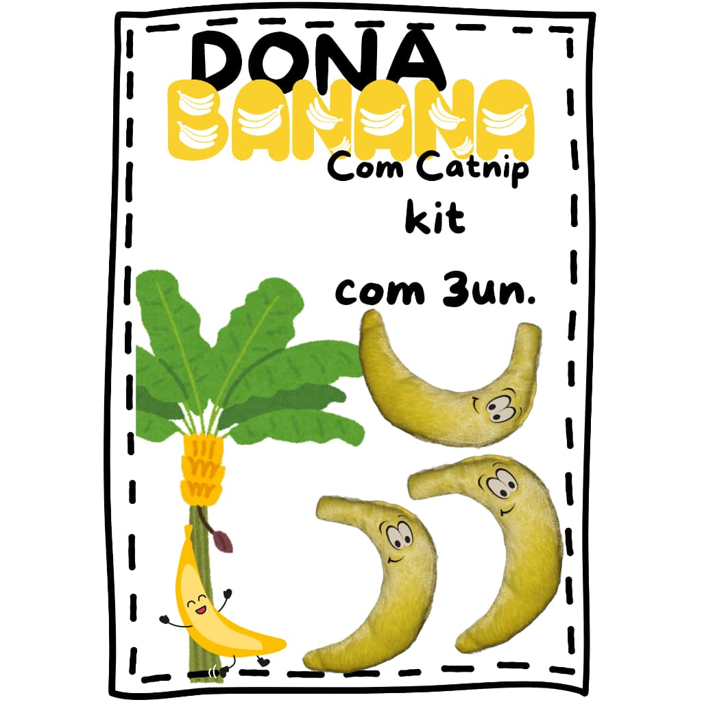kit c/ 3 Brinquedos com Catnip para Gatos + 1 coleira - Dona Banana | Formato Divertido e Feito de forma Artesanal