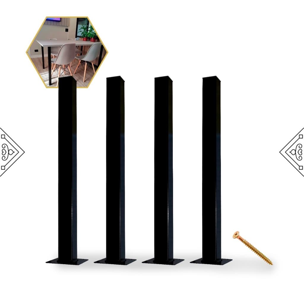 Pé De Mesa Modelo Tubo Quadrado 90cm Cannes Para Móveis Reforçado Até 600kg em Aço Preto Antiferrugem Kit Com 4un