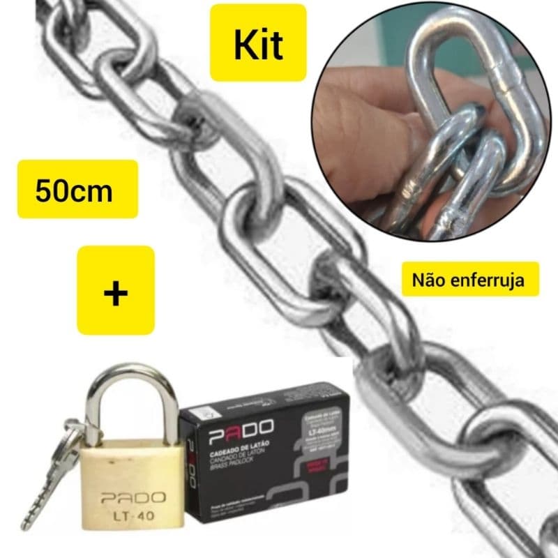 kit 50cm corrente grossa reforçada 6,5mm com cadeado 40mm pado para portao porteira moto bicicletas