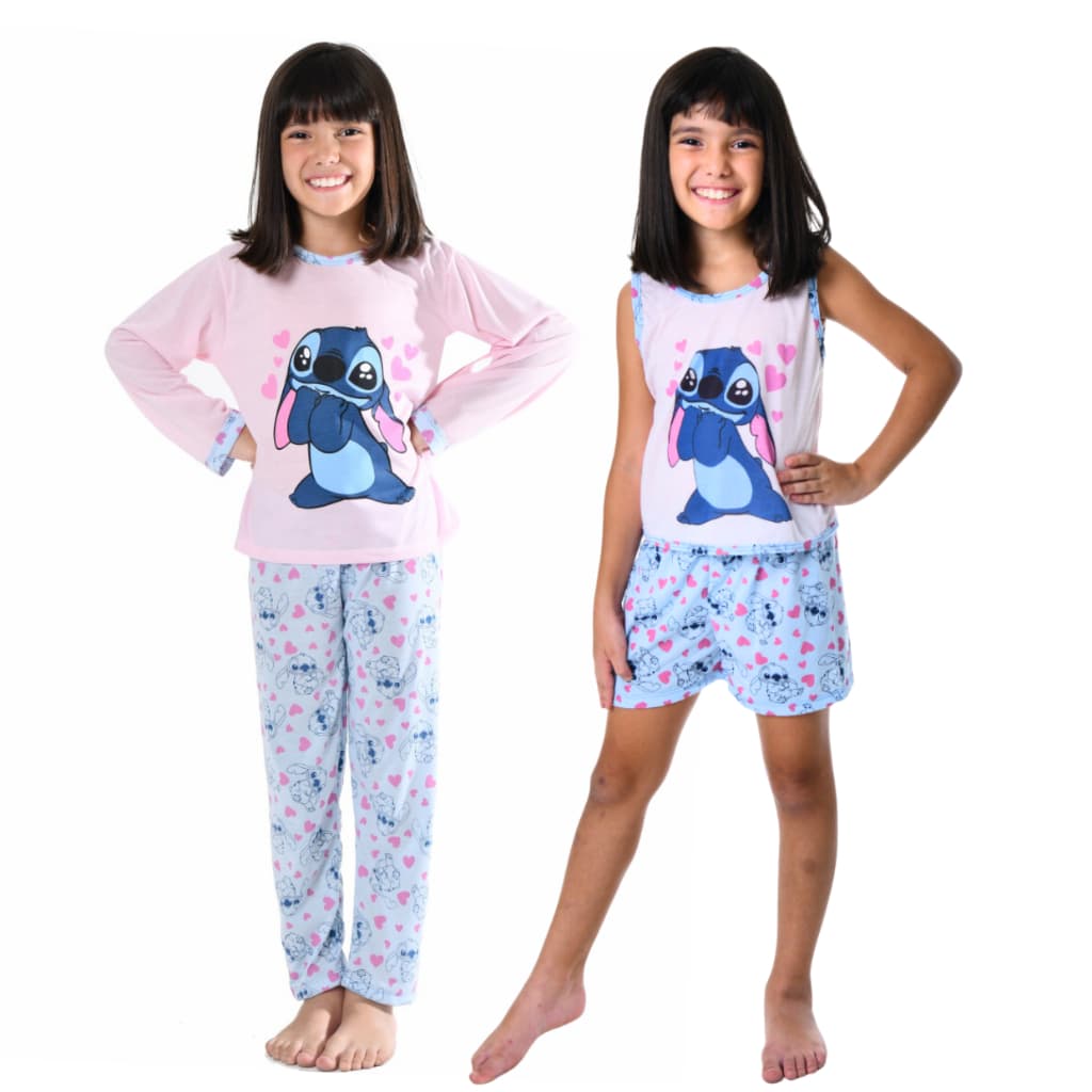 Kit 2 Pijamas Infantil Menina Longo E Curto Regata Verão Infantil Feminino Manga Longa Inverno
