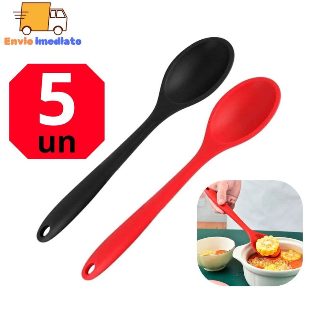 Conjunto de 5 Colheres de Silicone Redonda de 26,8cm Para Arroz Maionese Farofa Utensílios de Cozinha