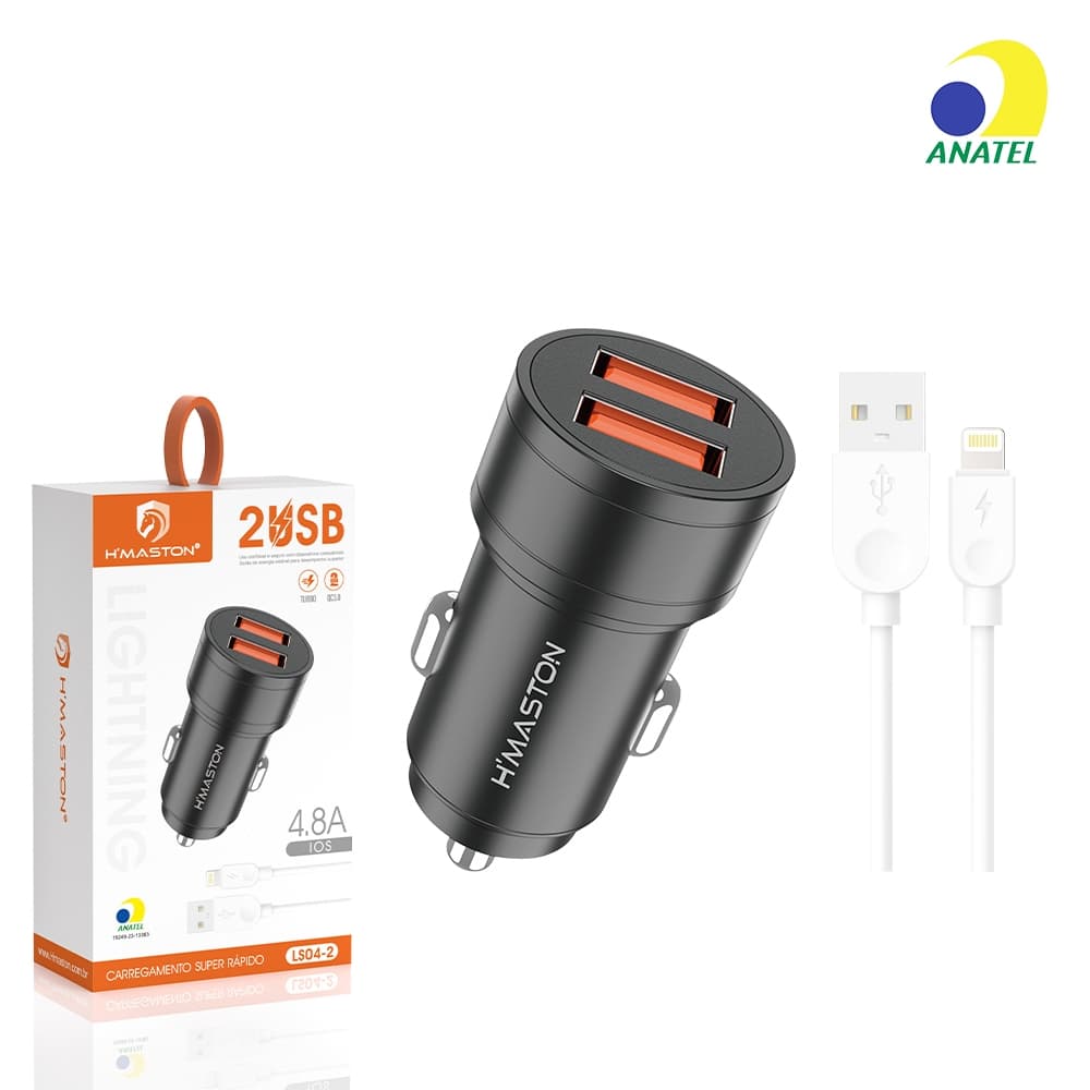 Carregador de Carro para Celular USB 4.8A Carregador Veicular Turbo Carga Rápida com Cabo LS04