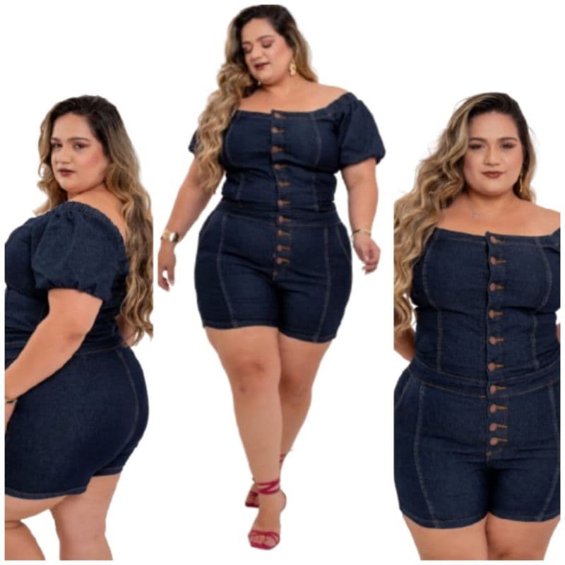 Macacão Ciganinha Jeans Feminino Curto Verão Plus Size