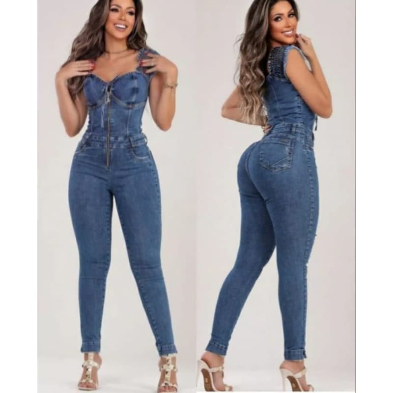 Macacão Ciganinha Jeans Feminino Ombro a Ombro Longo Liso