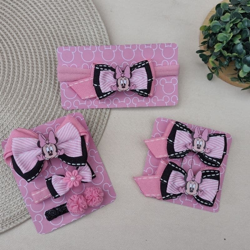 laços e tiara de BB Minnie baby rosa/par de laços tiara e hair clips