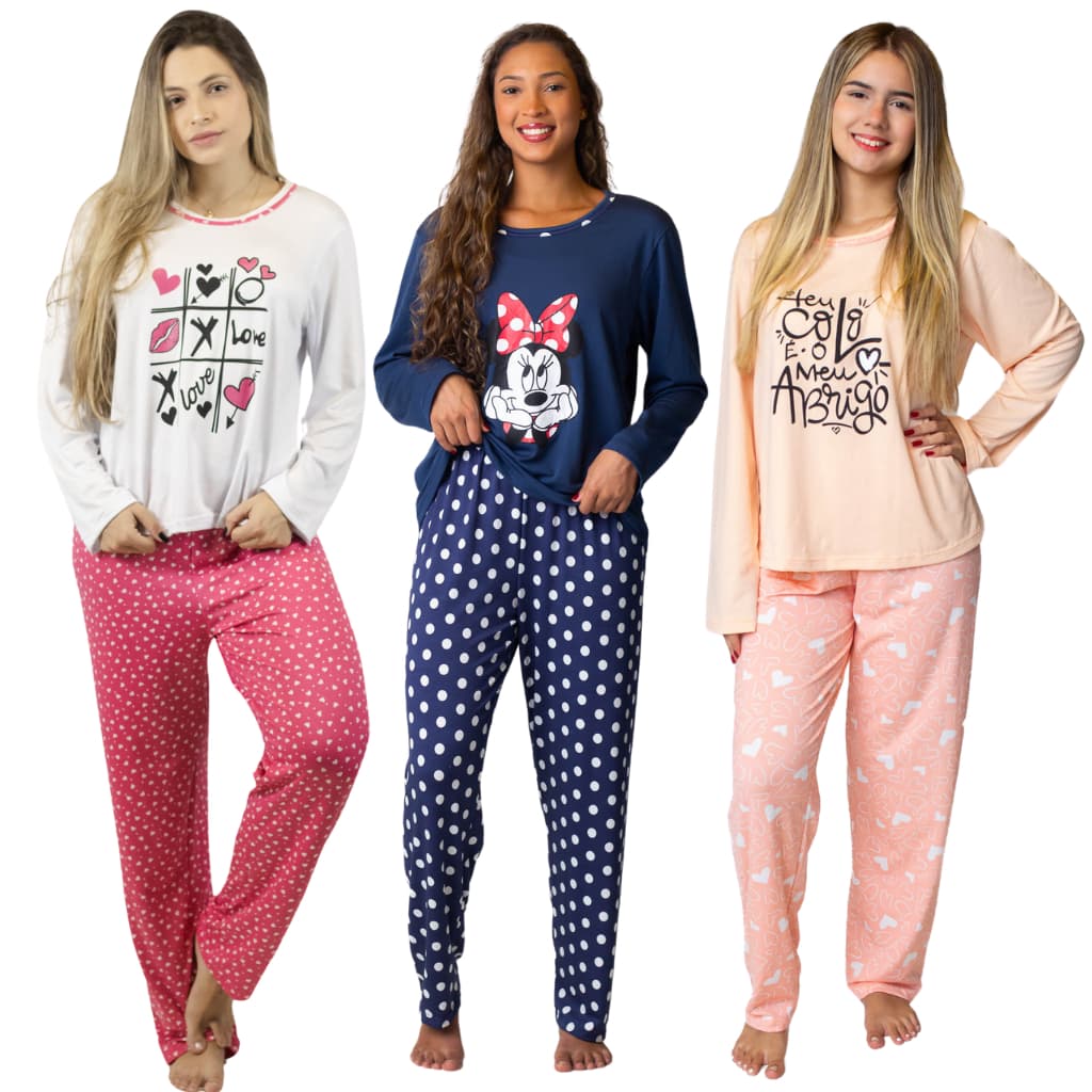 KIT 3 Pijamas Longo Malha Suede Inverno Feminino Adulto Premium