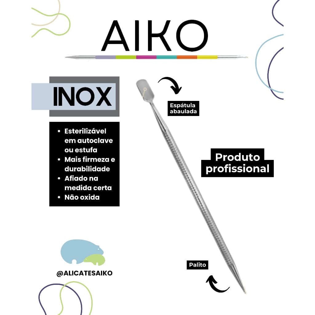 Espátula Inox Aiko Dupla Função Empurrador + Palito - Espátula cutículas Abaulada encaixe perfeito
