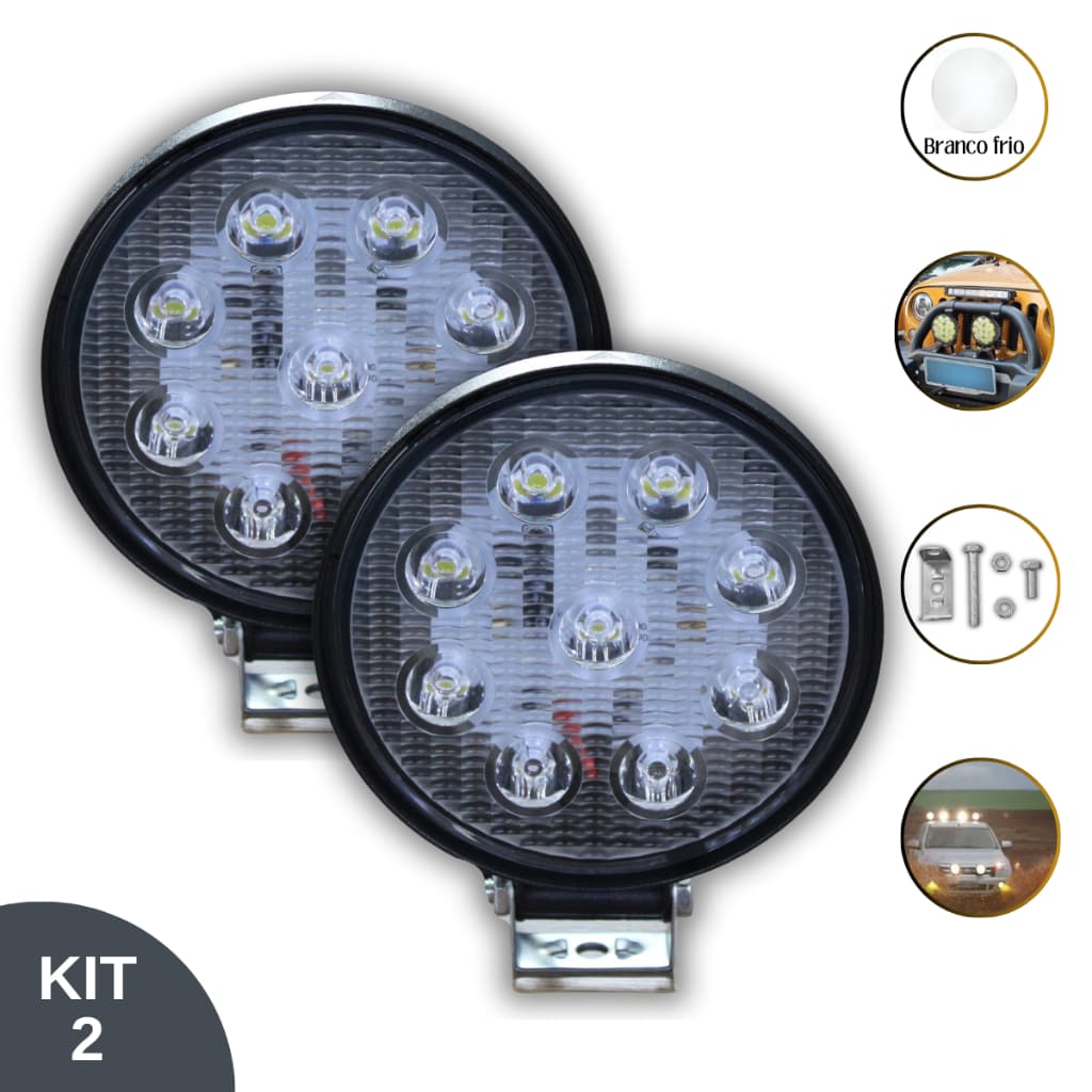 Kit 2 Farol de milha Auxiliar Redondo 9 led 27w 12v BF 6000K Veículo Universal Off Road Carro