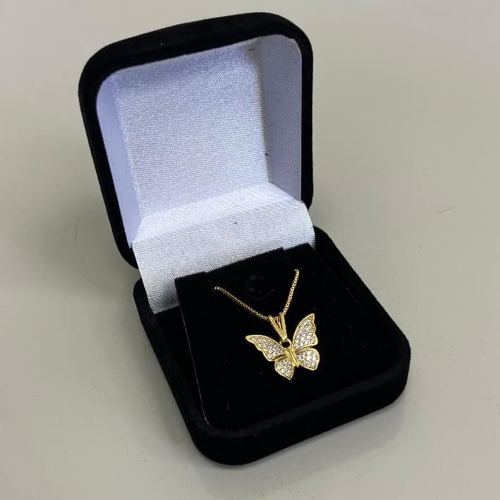 Colar Feminino Borboleta Zircônia Caixinha Cordão Veneziano Banhado a Ouro 18k