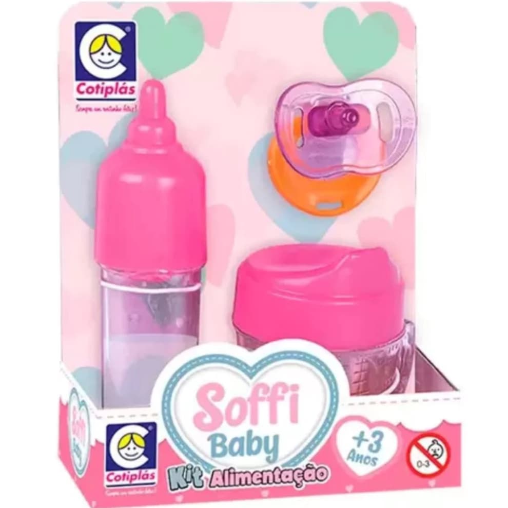 kit Bebe Alimentaçao Soffi Baby c/ 3 peças - Chupeta Mamadeira Copo de Suco Com liquido - Brinquedo infantil Boneca