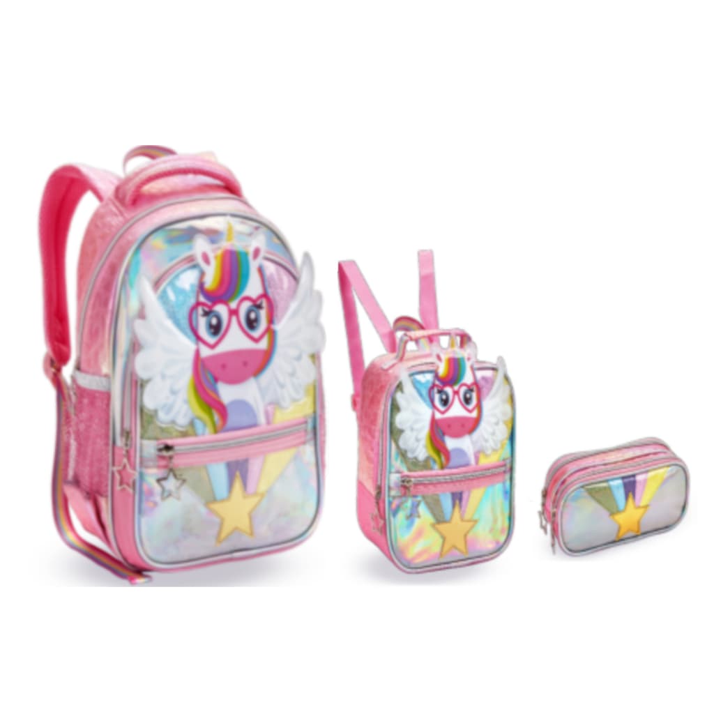 kit mochila de costa lancheira estojo unicornio top 2025 tamanho Grande escolar menina