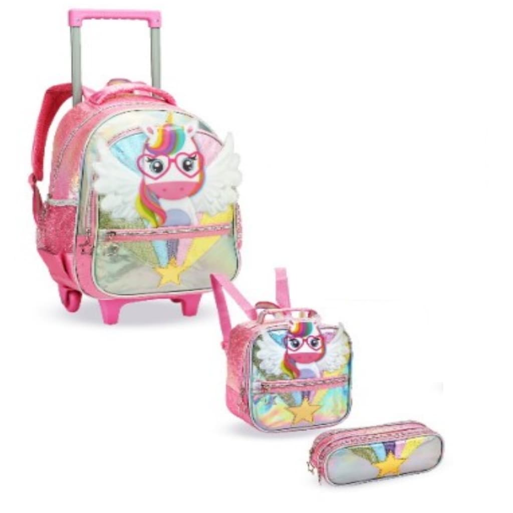 Kit mochila de rodinha escolar infantil Unicórnio com lancheira + estojo para meninas.