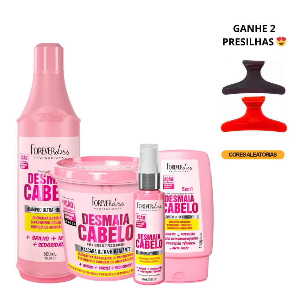 Kit Desmaia Cabelo 4 Itens Forever Liss + 2 Prendedores de Cabelo